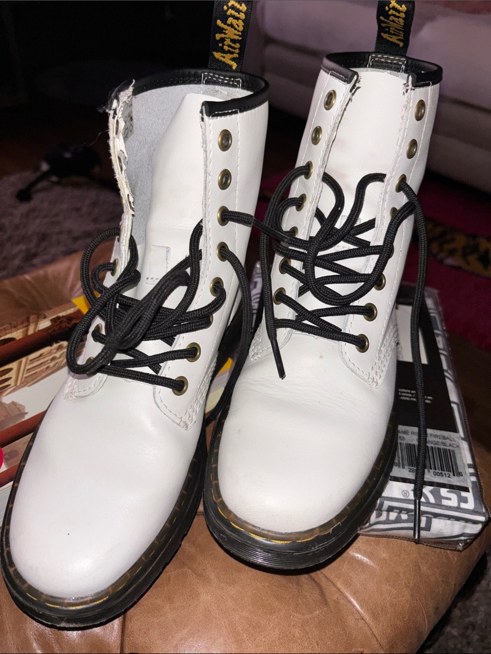 Dr. Martens White Leather Lace-Up Combat Boots with Black Laces
